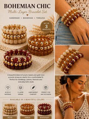 Boho 3-Layer Bracelet Set | Handmade Acrylic & Gold Beaded Stretch Bracelets